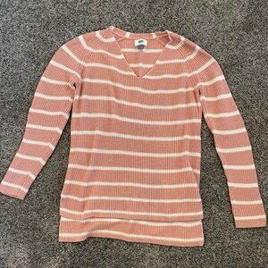 Soft Pink Striped V-Neck Sweater